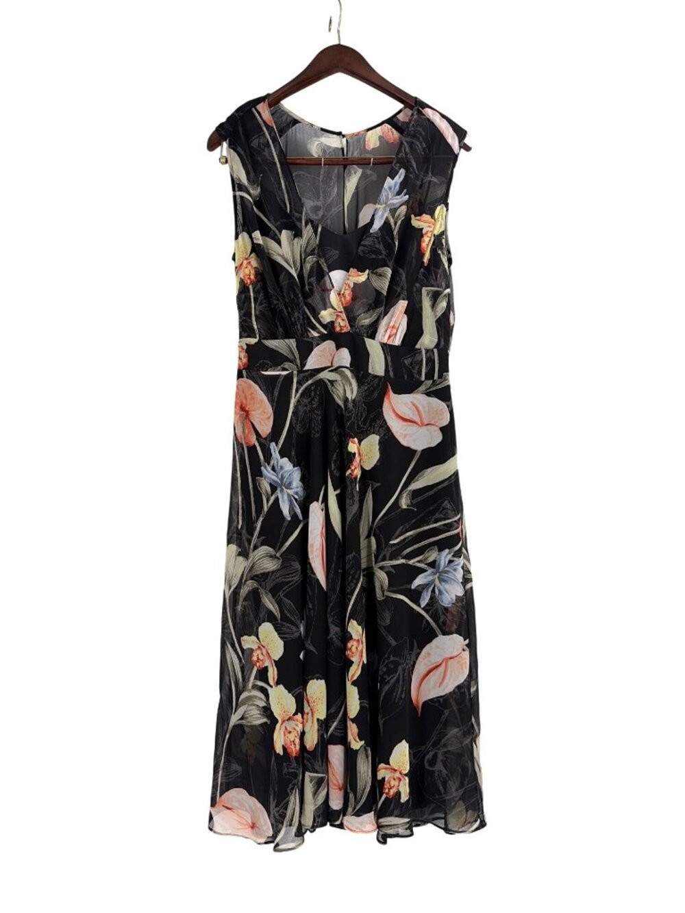 White House Black Market Floral Overlay Midi Dress Womens 12P Romantic Flowy